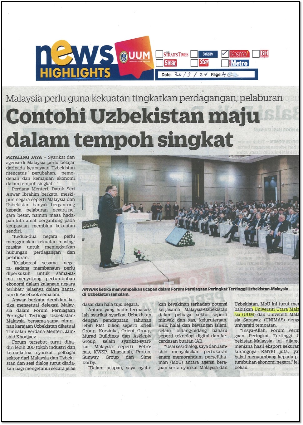 Contohi Uzbekistan maju dalam tempoh singkat